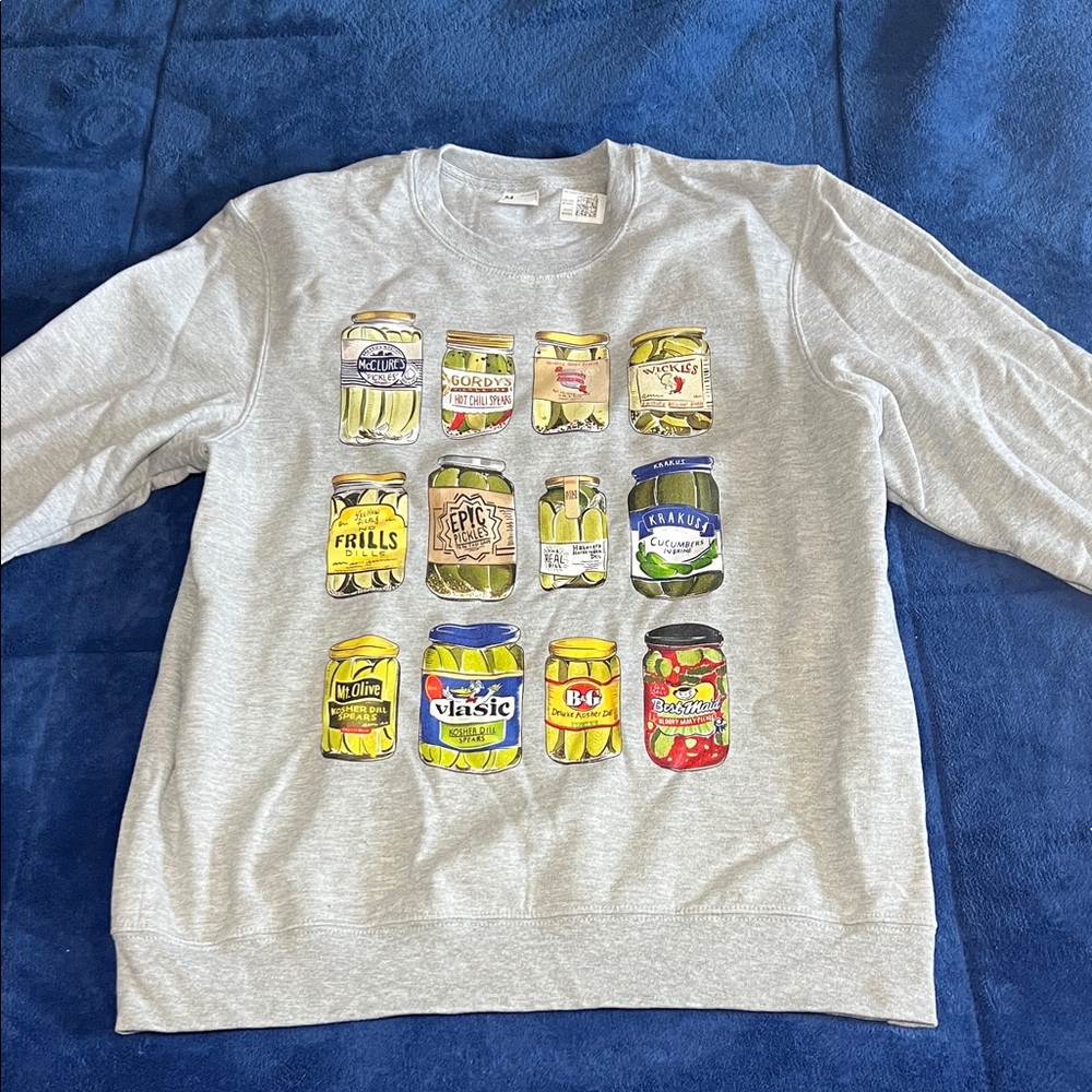 NWT Amazon Gray Pickle Jar Sweatshirt with Colorful Jar Graphics